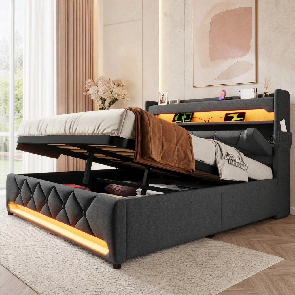 Letto matrimoniale imbottito 140x200 cm con testiera contenitore, porta USB e Type-C, illuminazione LED 360°, tessuto lino grigio senza materasso