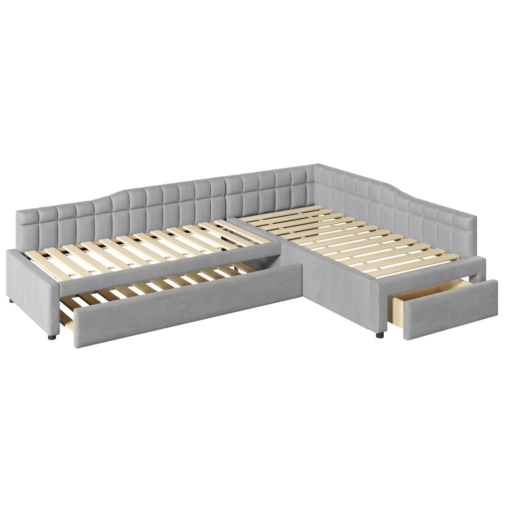 LETTO Imbottito a L 90x200 cm con Letto Estraibile e Cassetti Grigio