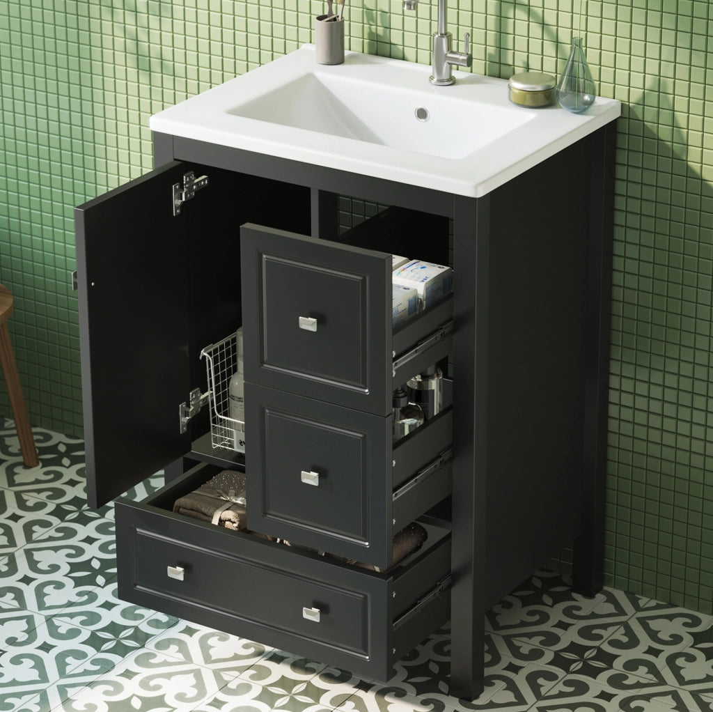 Mobile bagno nero 62x47x90 cm con lavabo in ceramica e ampio spazio contenitivo