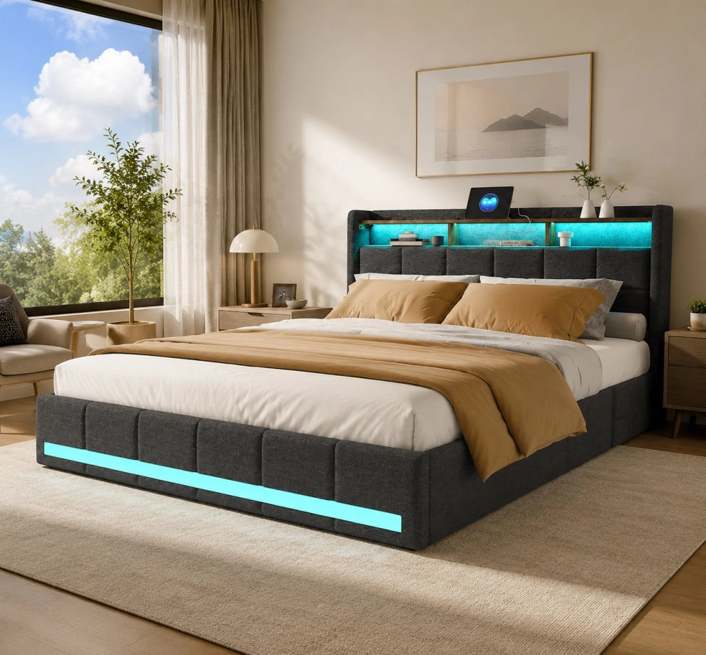 Letto matrimoniale imbottito 140x200 cm con 4 cassetti ; letto Contenitore con LED e USB; letto funzionale letto adulti ;Lino Grigio Scuro