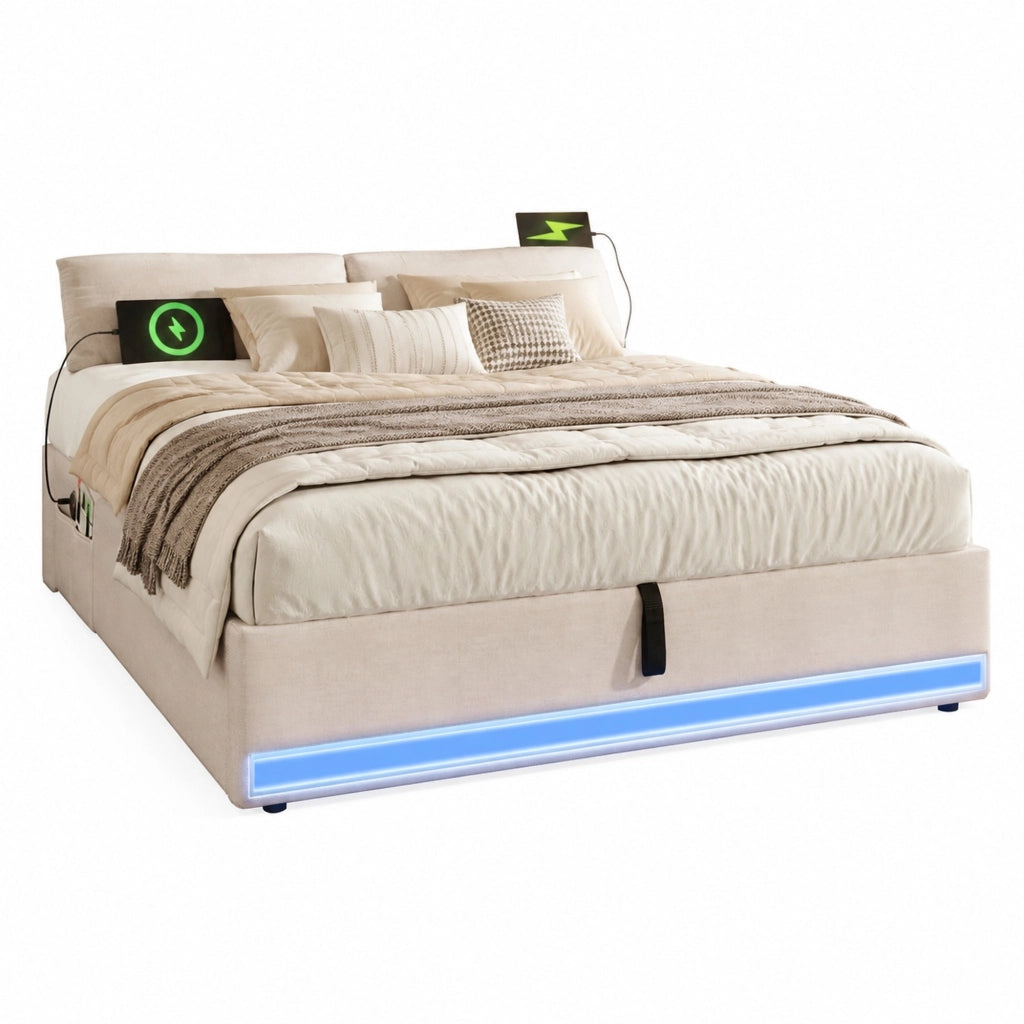 Letto imbottito 140x200 cm senza testiera con LED, USB e Type-C, contenitore idraulico, beige