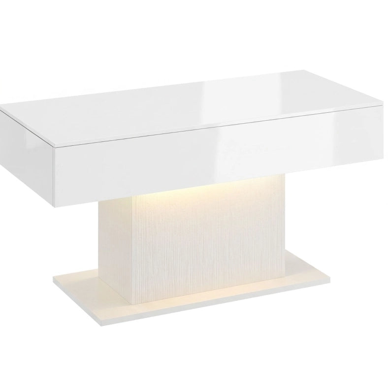 Tavolino da salotto bianco lucido con LED RGB, 2 cassetti nascosti e telecomando
