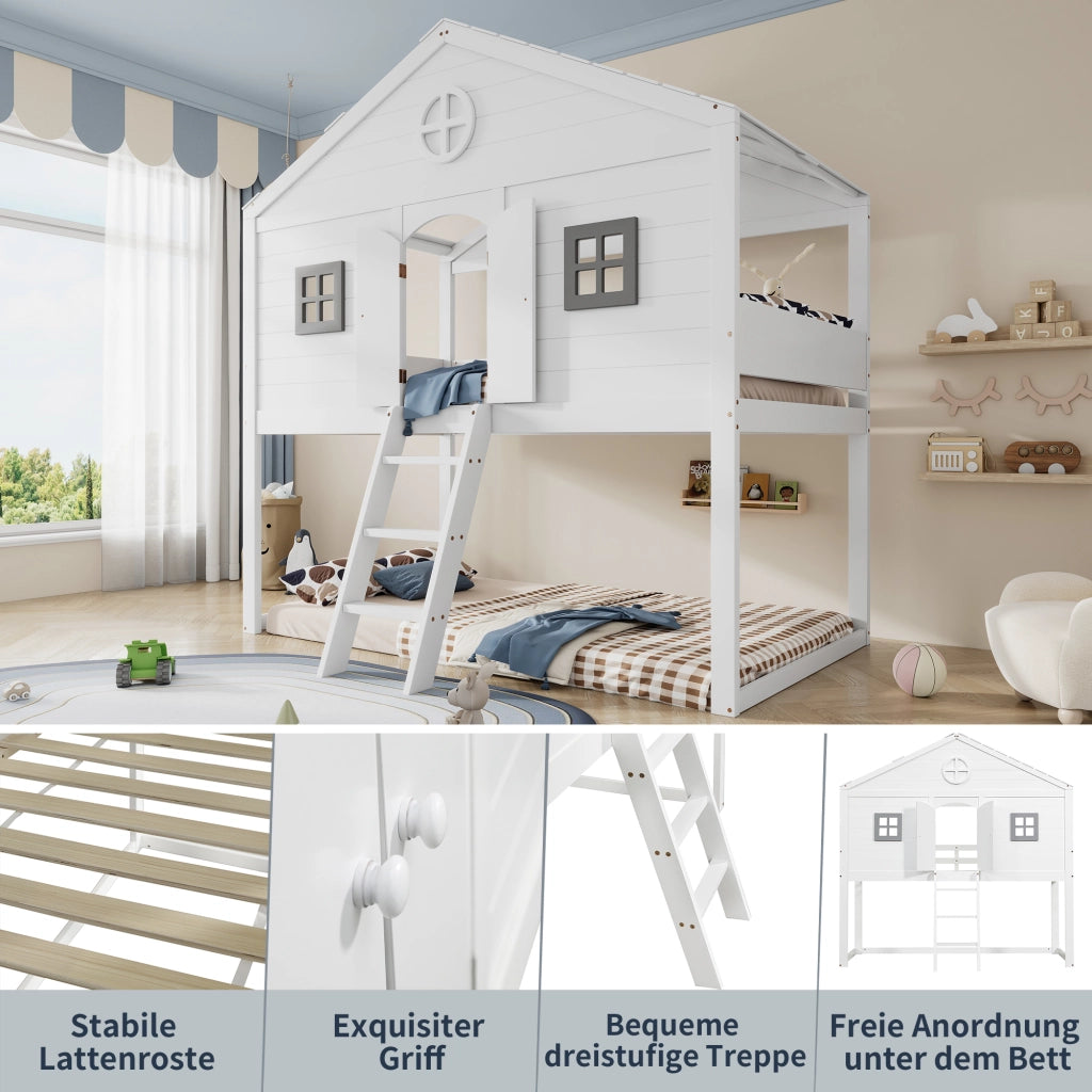Letto a soppalco per bambini 90 × 200 cm con scala e protezione anticaduta in legno e MDF bianco e grigio