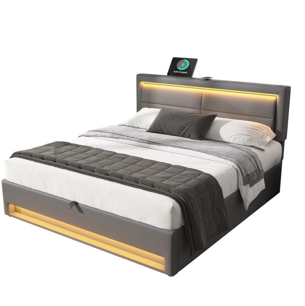 Letto imbottito 140x190 cm USB e LED con contenitore PU grigio (Senza materasso)