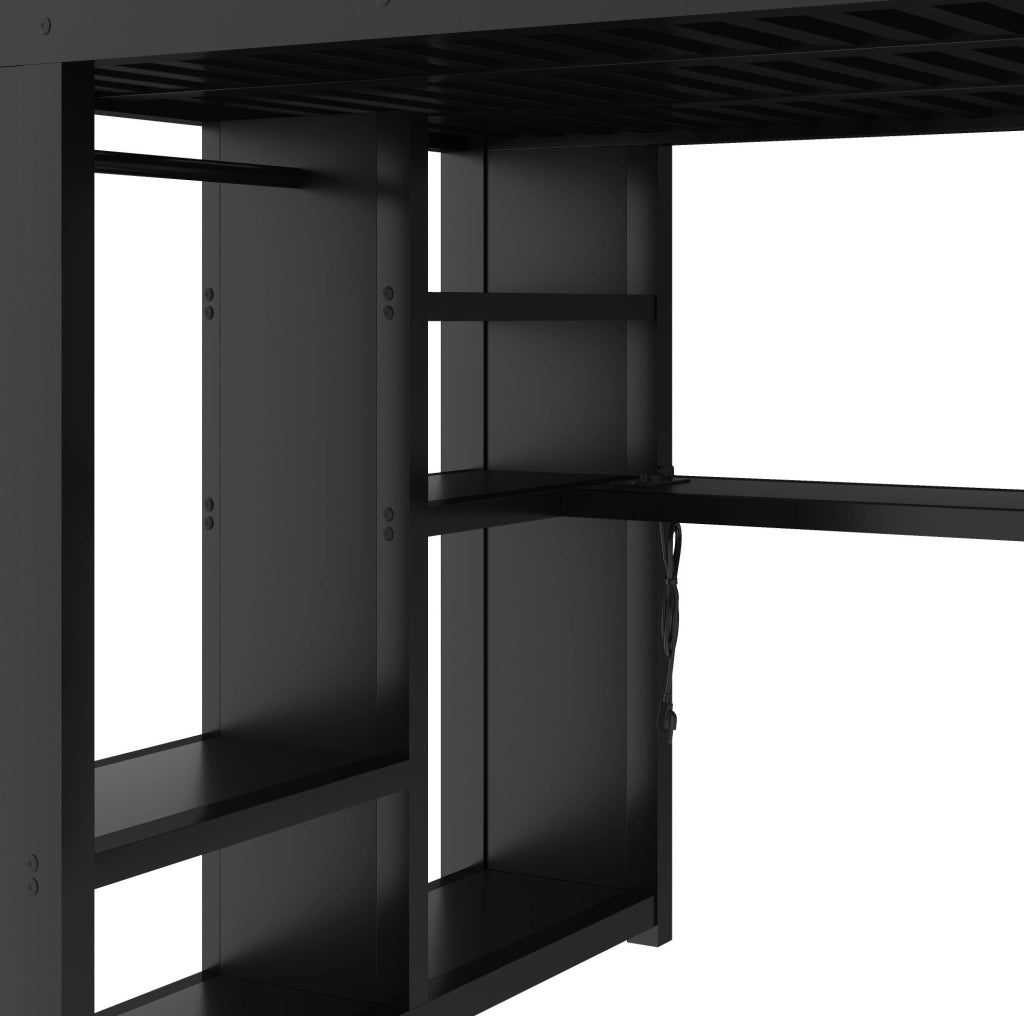 Letto a soppalco in metallo 140x200 cm con scrivania, LED, armadio aperto e scale nere