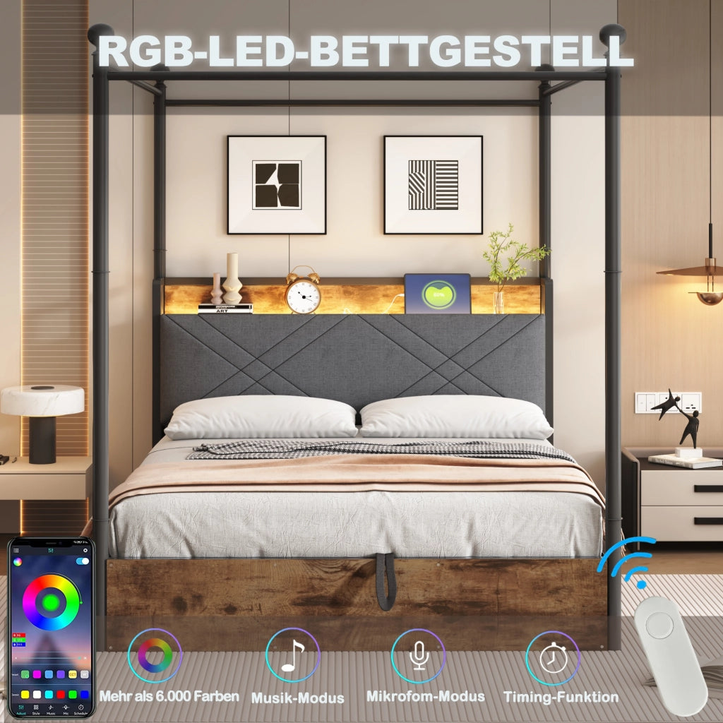 Letto matrimoniale 140 × 190 cm 2 posti; contenitore idraulico; LED regolabile e USB Type-C; senza materasso; nero