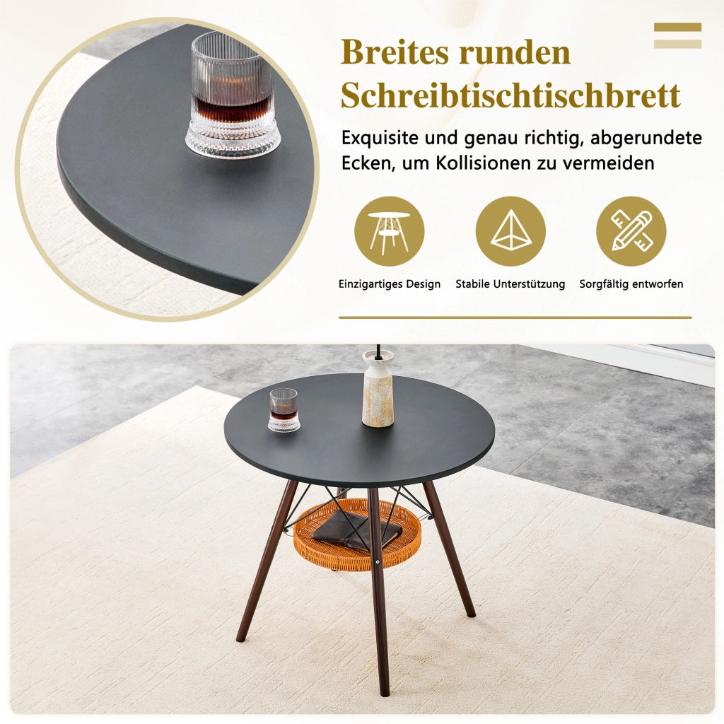 Tavolo da pranzo rotondo con cestino sospeso, piano nero e gambe in legno massiccio, per 2-4 persone, 80 cm
