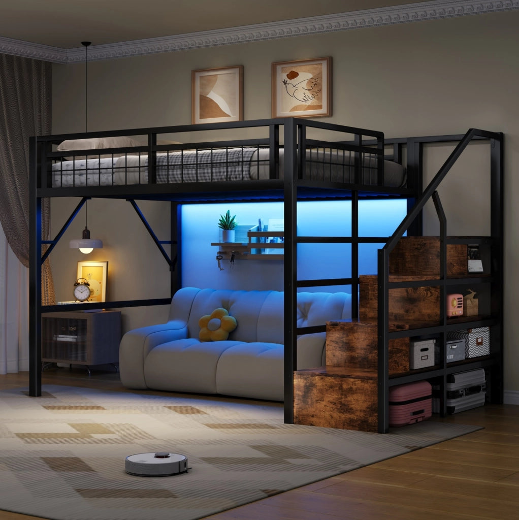 Letto a soppalco 140 x 200 cm nero con LED e gradini contenitore