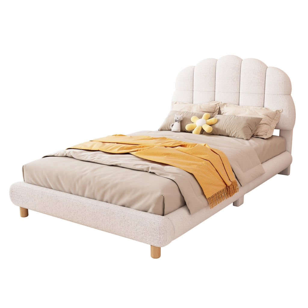 Letto singolo per bambini in peluche 90×200 cm con testiera a fiore, bianco, struttura in MDF con doghe, senza materasso