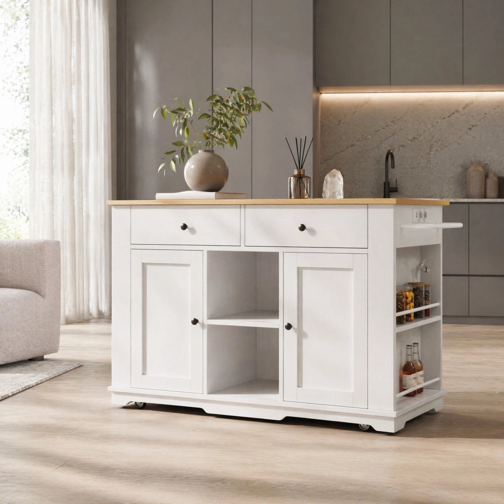 Isola cucina su ruote con piano pieghevole e prese; 151;5x84;7x91;7 cm; bianco e naturale
