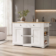 Isola cucina su ruote con piano pieghevole e prese; 151;5x84;7x91;7 cm; bianco e naturale