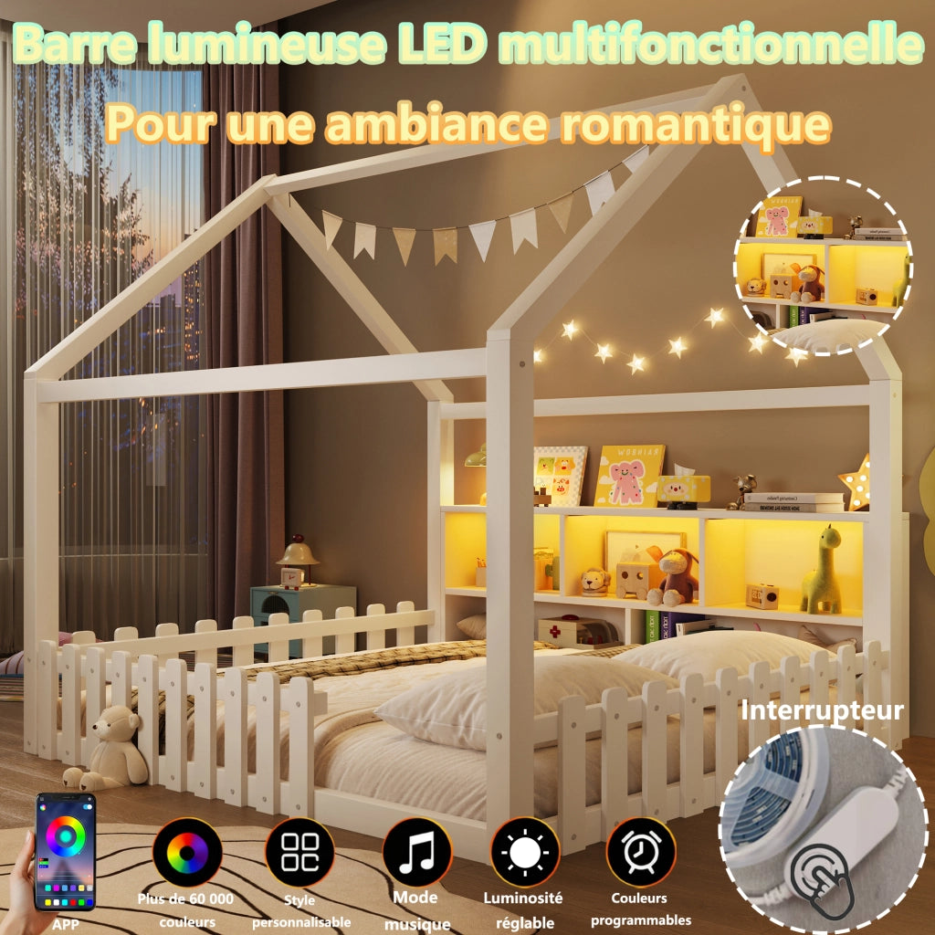 Letto a casetta per bambini 140x190 cm con sponde; LED e vani aperti; design minimalista; legno di pino; bianco