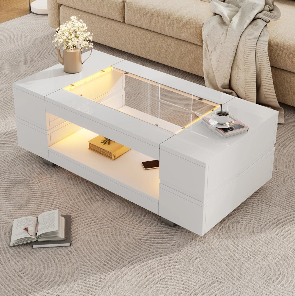 Tavolino da salotto LED bianco 100 x 50 x 35 cm in pannello truciolare e vetro