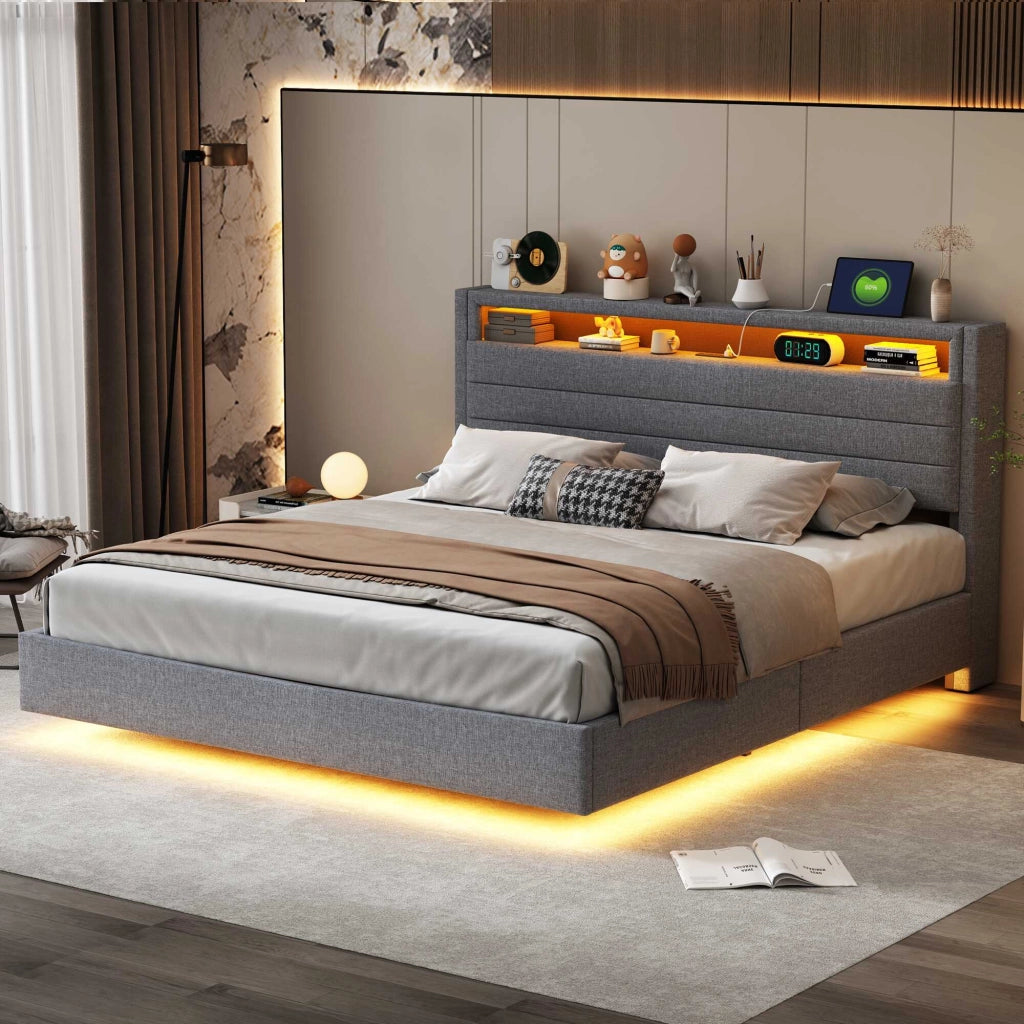 Letto contenitore grigio 160x200 cm in lino; effetto sospeso; LED; USB e testiera ribaltabile; senza materasso