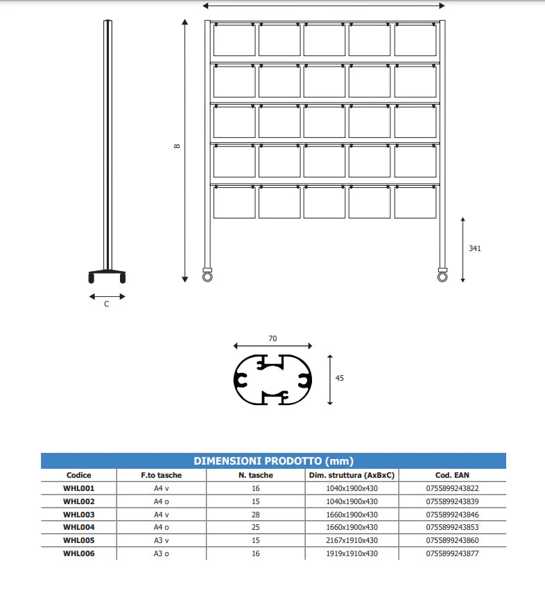 Bacheca in plexiglass con ruote A3 - 16 A3 Orizzontale
