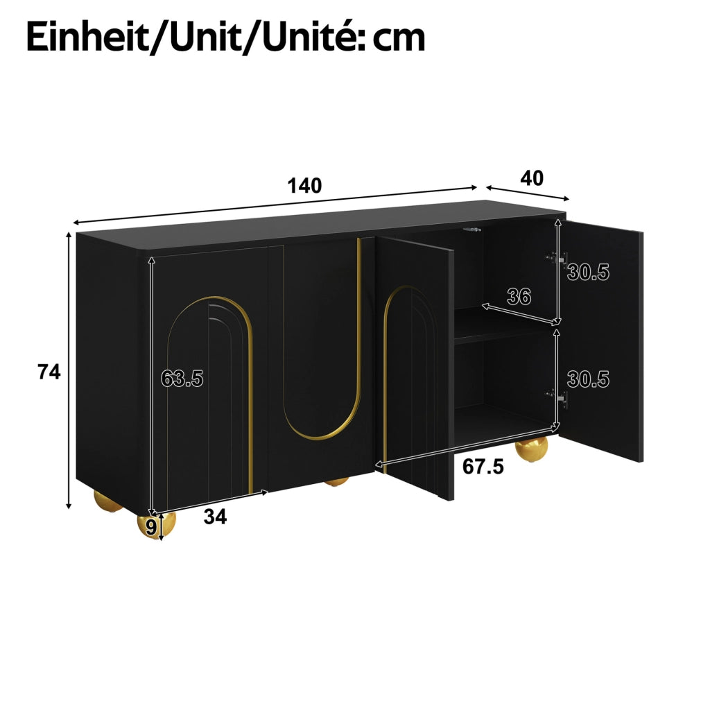 Sideboard 4 ante nero con decoro dorato, 140x40x74 cm
