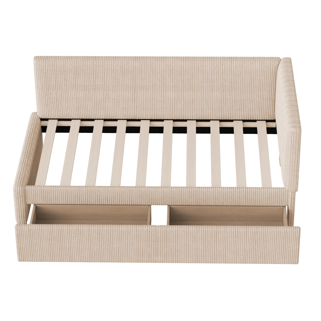 Letto imbottito singolo 90×200 cm con 2 cassetti; testiera reversibile e rete; senza materasso; beige