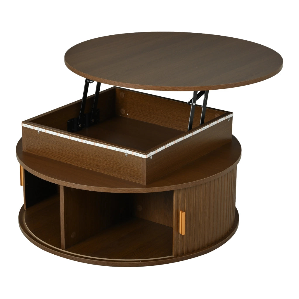 Tavolino rotondo regolabile 75x75x52 cm con LED, vani e porte avvolgibili in MDF noce