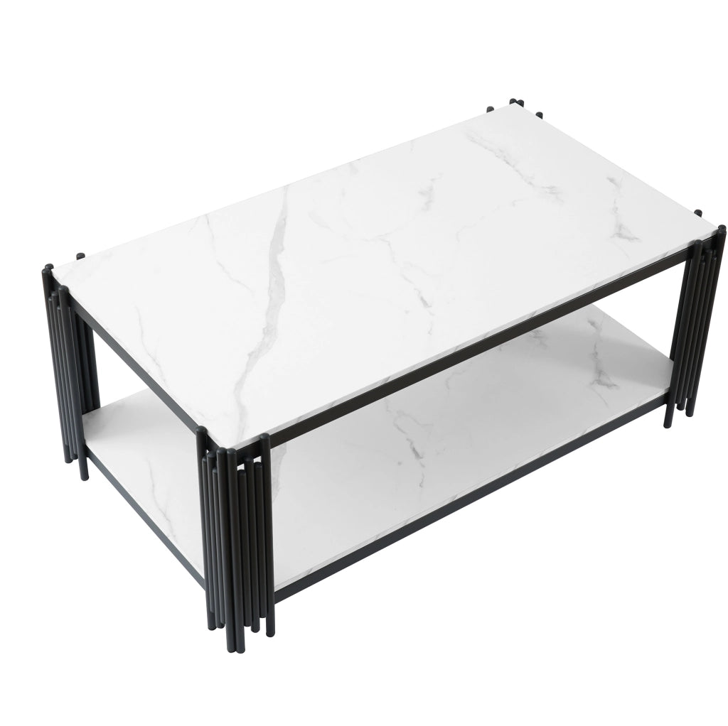 Tavolino da salotto rettangolare con 2 ripiani in MDF e metallo bianco e nero