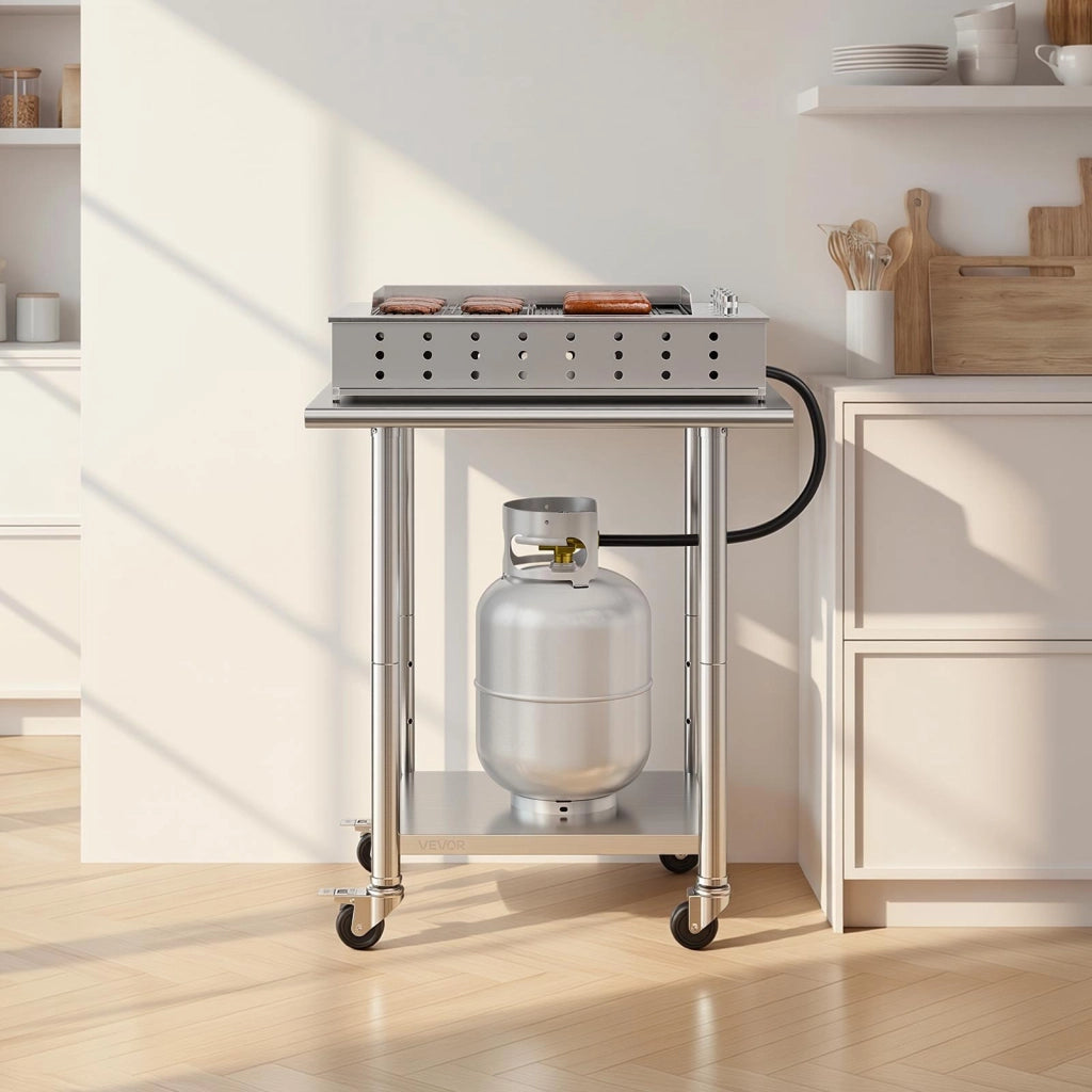Tavolo da Lavoro in Acciaio Inox con Ruote 762 x 610 x 894 mm Carico 204 kg Tavolo per Cucina con Alzatina e Ripiano