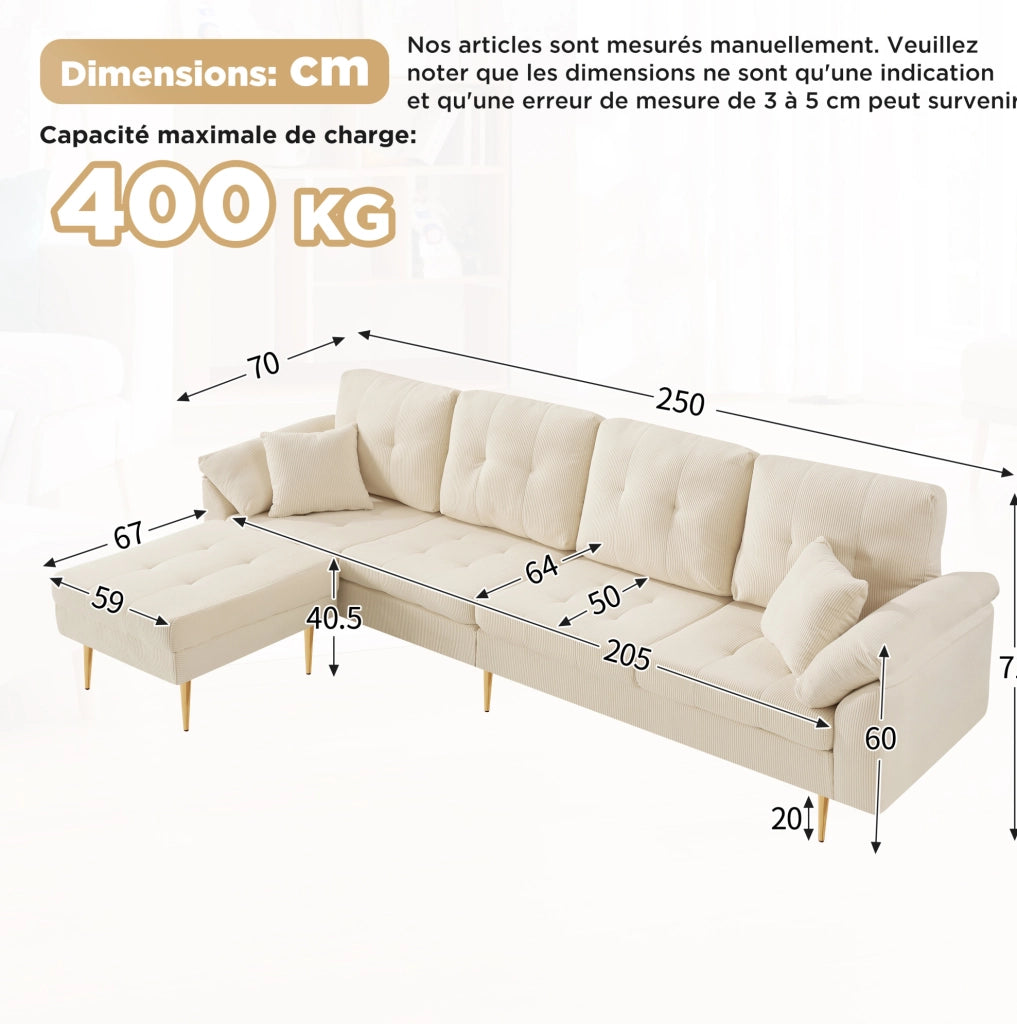 Divano 4 posti moderno in tessuto vellutato con pouf versatile, struttura in ferro da 20 cm, 250 cm, colore crema bianco