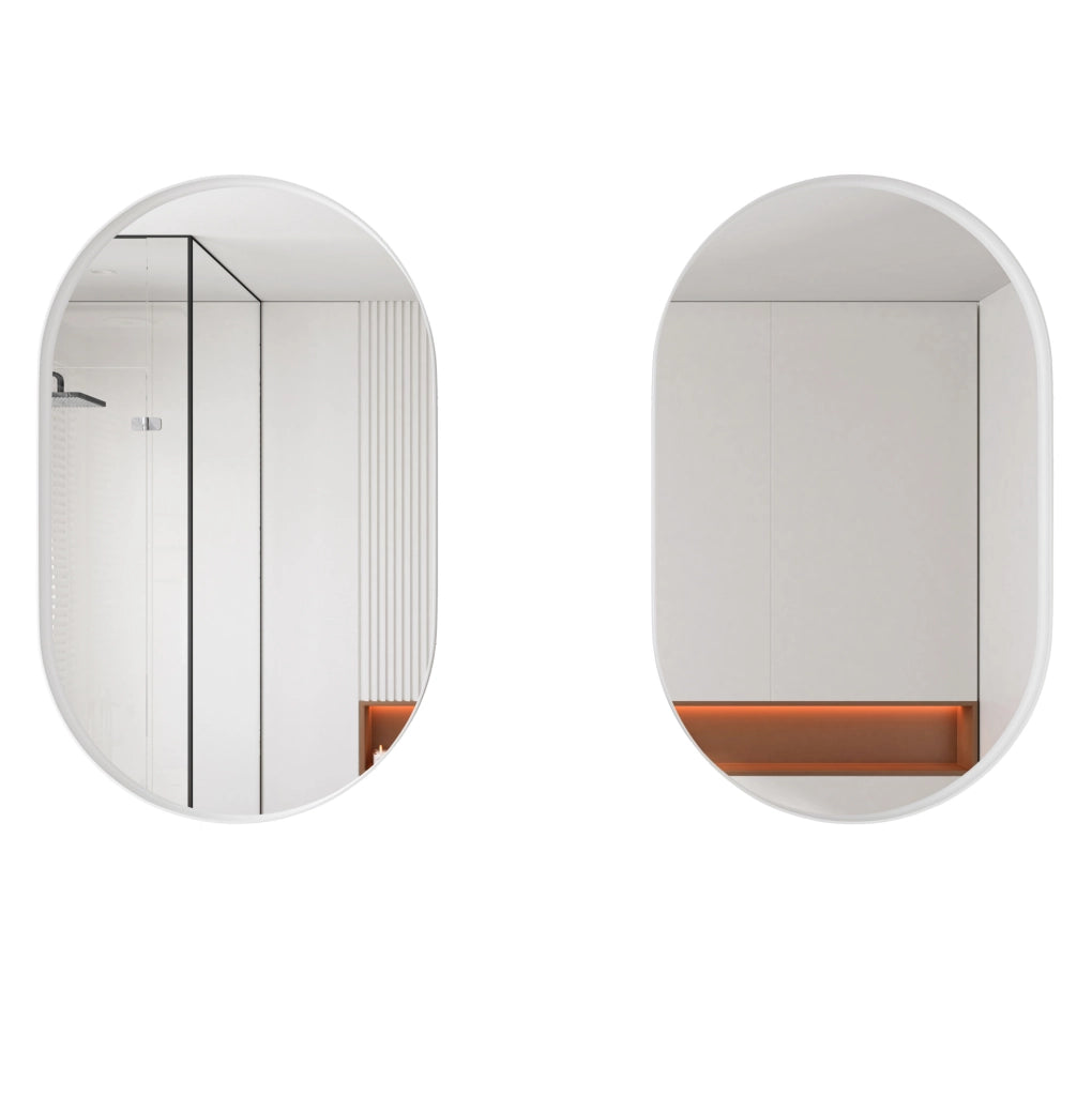 Mobiletto da bagno a incasso con specchio ovale, telaio metallico e ripiani regolabili, bianco