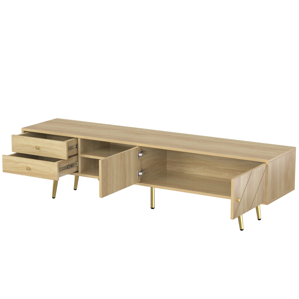 Mobile TV con due cassetti; due ante scanalate e vani aperti con gambe in metallo oro color legno 160 × 36 × 42 cm