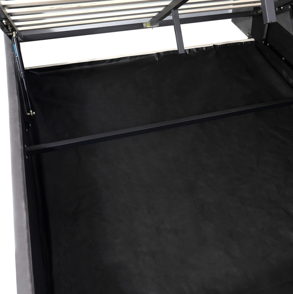 Letto singolo 140x200 cm con contenitore idraulico, rivestimento in velluto grigio, luminosità LED e porte USB
