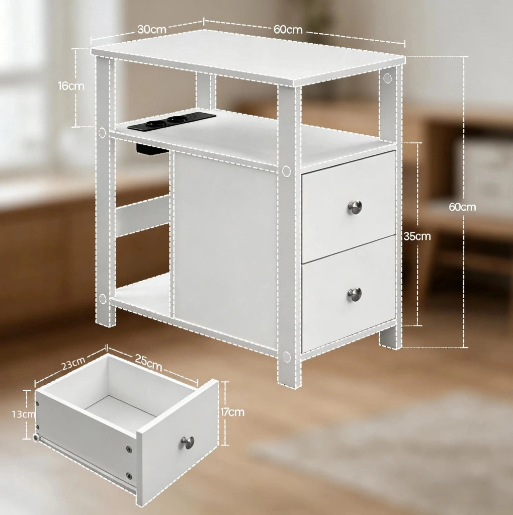 Tavolino da divano con presa 60x60x30 cm; 2 cassetti e 2 USB bianco HOMVRA