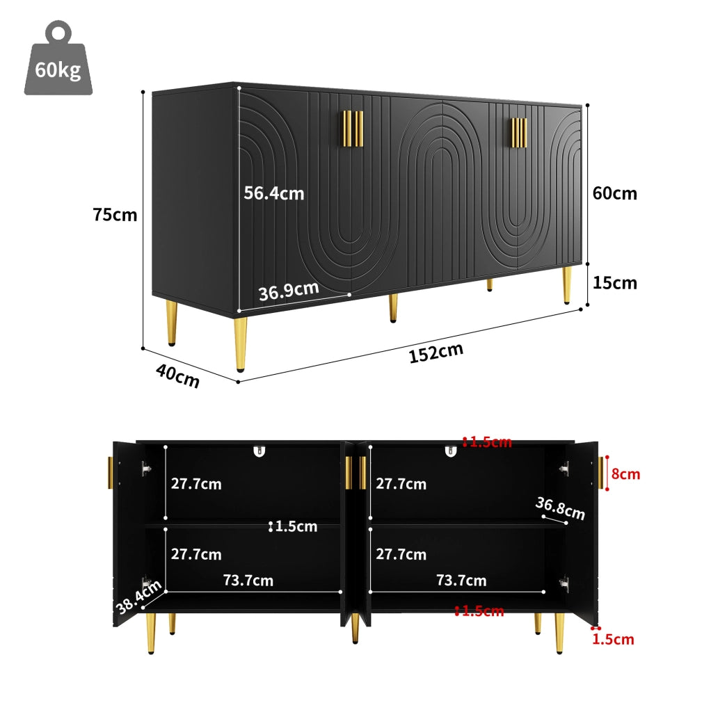 Sideboard nero in MDF 152x40x75 cm con design ondulato, maniglie e piedi dorati per zona pranzo elegante