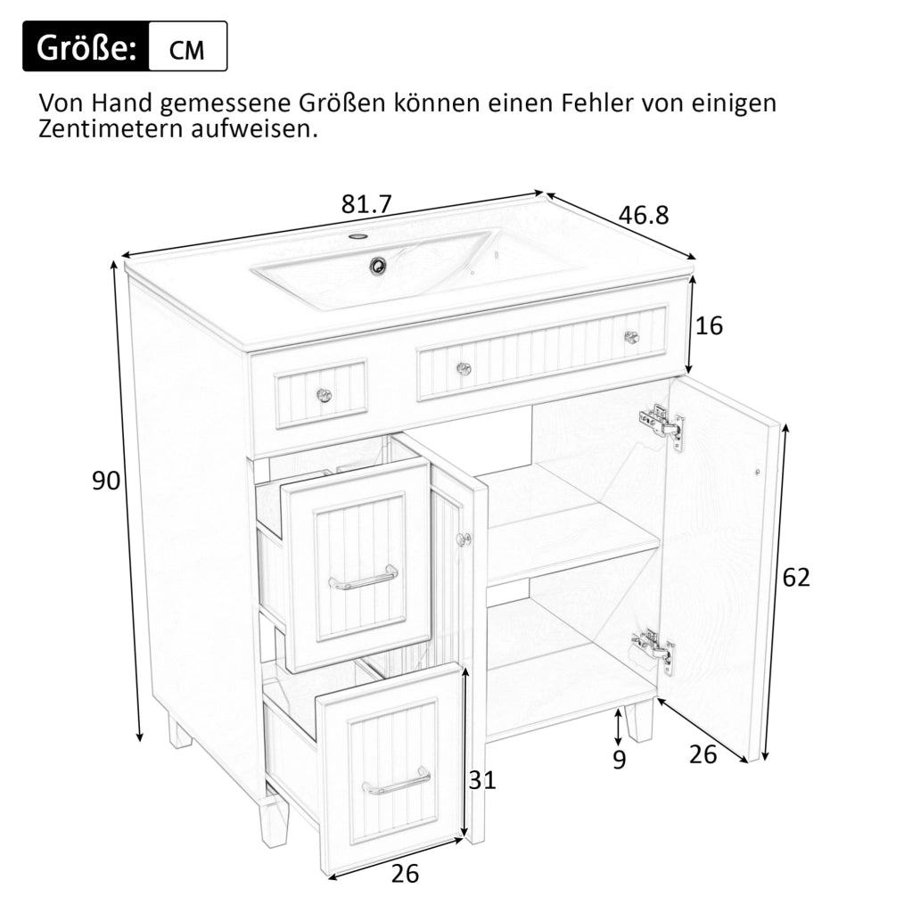 Mobile bagno freestanding con lavabo in ceramica, bianco