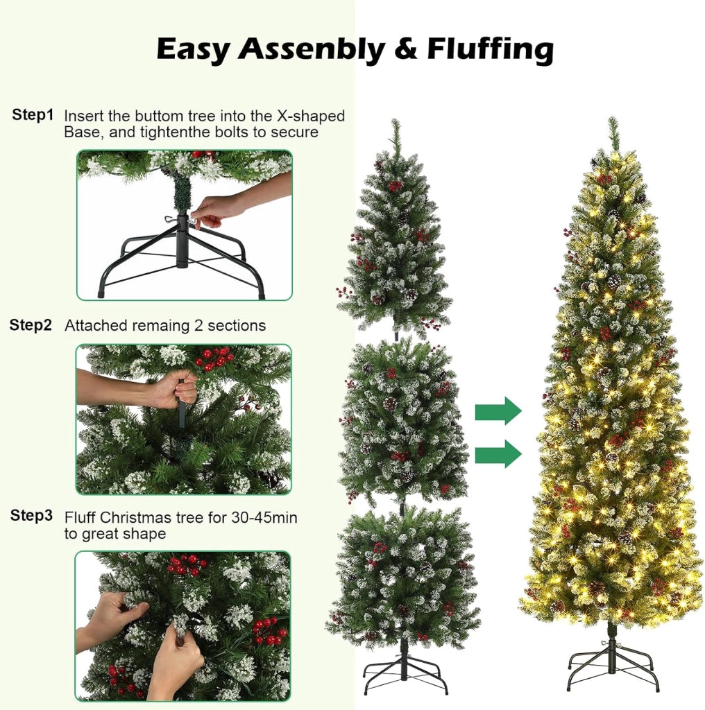 Albero di Natale 230cm con 350 LED RGBW Bicolore 9 Funzioni Bacche Rosse Pigne e Spina UE