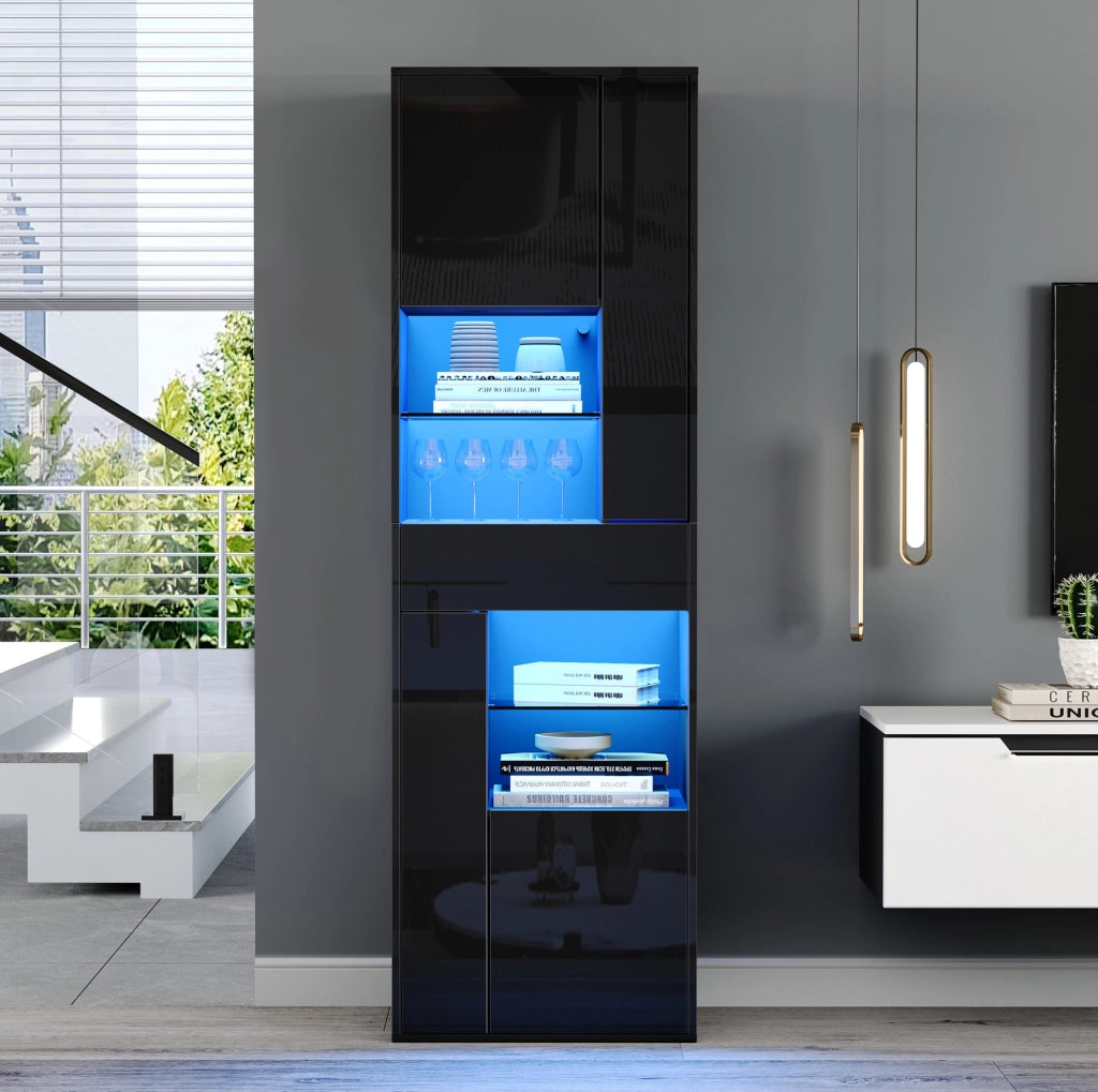 Vetrina alta 55x38x170 cm con LED; 1 cassetto e 4 vani chiusi; nera HOMVRA