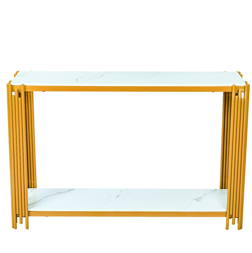 Tavolo consolle con 2 ripiani effetto marmo bianco, struttura in metallo dorato con finitura lucida, per ingresso, soggiorno e camera H80 x L123,5 x P33,5 cm