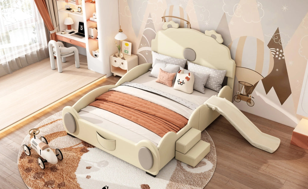 Letto per bambini 140x200 cm a forma di orso con scivolo e scala, materiale PU e MDF, beige
