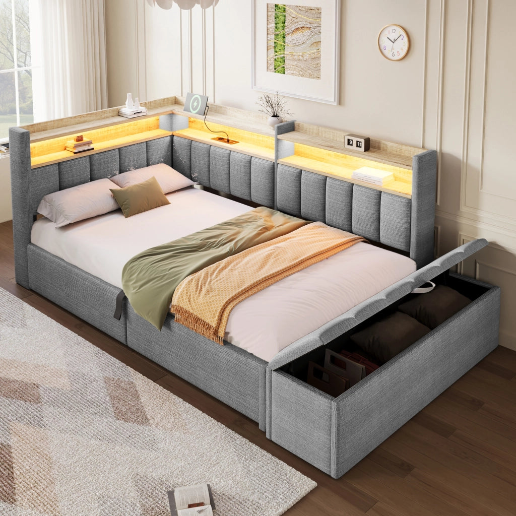 Daybed Imbottito 90x200 cm con Sollevamento Idraulico; Vano Contenitore; LED; USB; Grigio