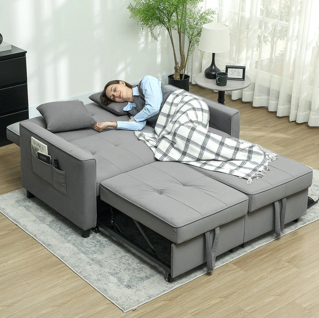 Divano Letto 2 Posti con Funzione Relax, Rivestimento in Velluto Grigio, Schienale Regolabile e Contenitore, Lavorazione con Ruote per Soggiorno o Camera Ospiti