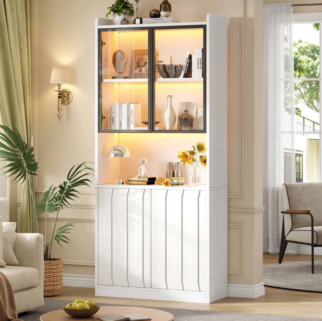 Vetrina Alta Bianca 80x35x200 cm con LED Bluetooth, 4 Ante in Truciolato e Vetro Temperato, Ripiani Regolabili e Illuminazione Personalizzabile