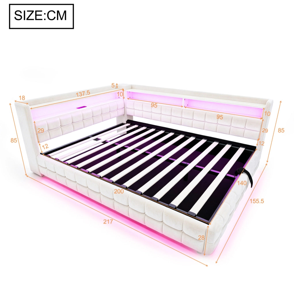 Divano letto imbottito ULEVR 140x200 cm con vano idraulico, LED, presa USB e Type-C, velluto beige