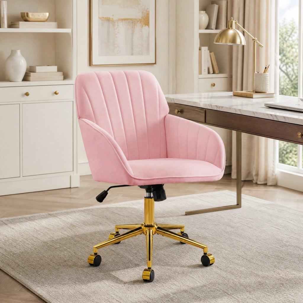 Sedia girevole ergonomica regolabile in altezza, velluto rosa, con schienale e ruote
