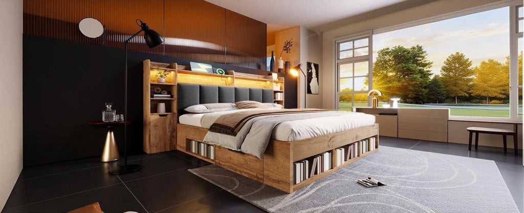 Letto matrimoniale 180x200 cm in rovere con testiera imbottita e illuminazione LED, comodini con porte USB e cassetti con ruote, rete a doghe in legno senza materasso
