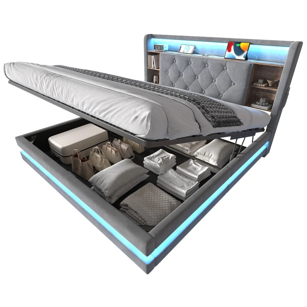 Letto imbottito contenitore ¨C Minimal ¨C grigio scuro velluto 140x200cm con testiera LED idraulico rete a doghe