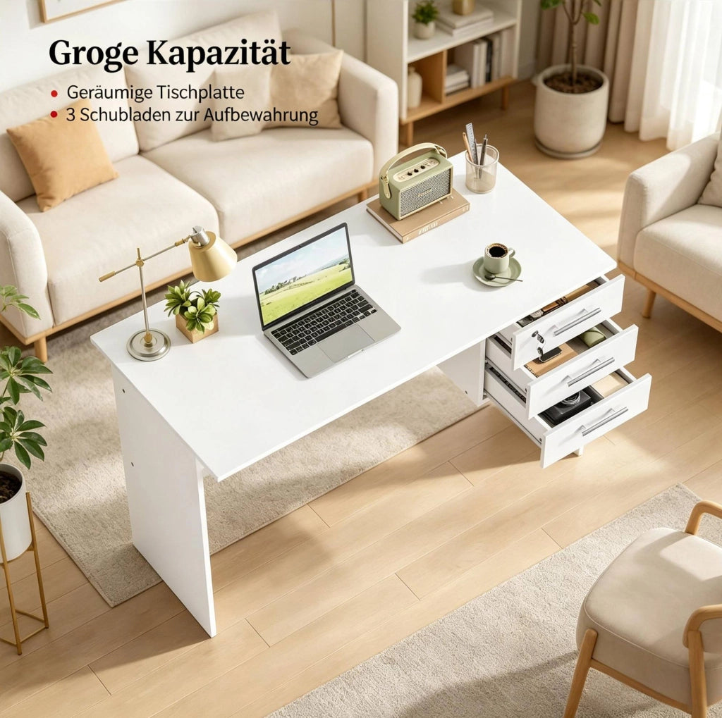 Scrivania da ufficio in legno bianca 120x75x60 cm con 3 cassetti e struttura in acciaio