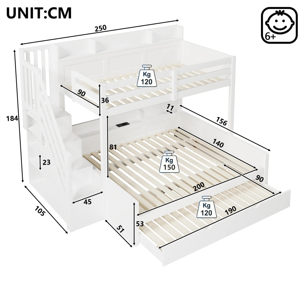 Letto a castello 90 × 200 cm e 140 × 200 cm con letto estraibile; scala contenitore e USB; in legno bianco
