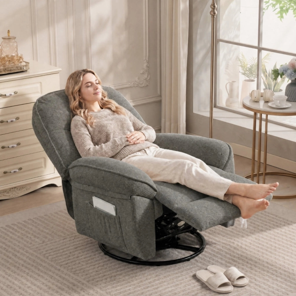 Poltrona relax girevole reclinabile con funzione dondolo in poliestere grigio chiaro