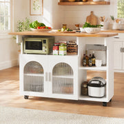 Isola cucina pieghevole con ruote e ripiani 120x30/70x79;5 cm in MDF bianco