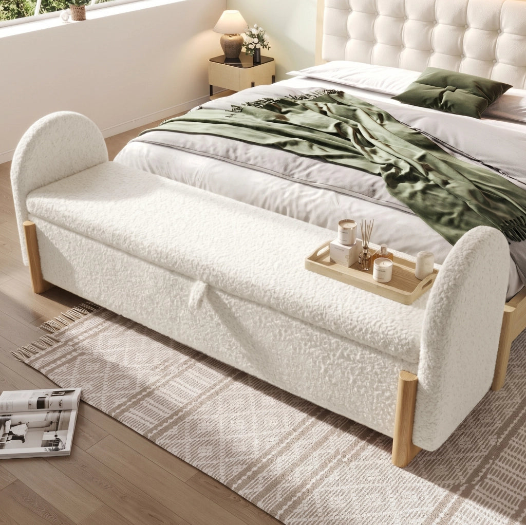 Panca con contenitore idraulico 146x47x61 cm in tessuto bouclé bianco con gambe a U in legno di gomma