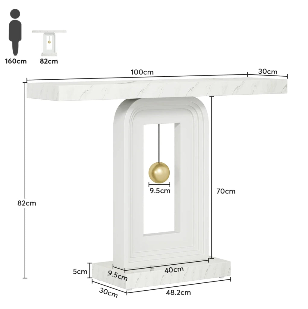 Tavolino Consolle stretto in MDF con piano in marmo bianco, 100 cm, per ingresso e soggiorno