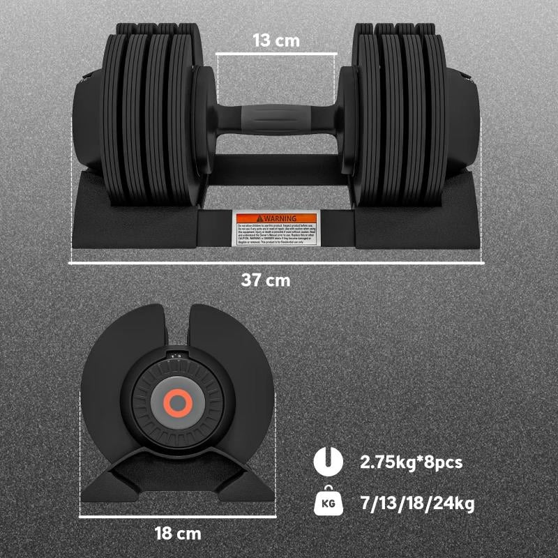 KIT PESI REGOLABILI 7/13/18/24 KG CON PORTA MANUBRI E IMPUGNATURA ANTISCIVOLO, 37X18X18 CM, NERO
