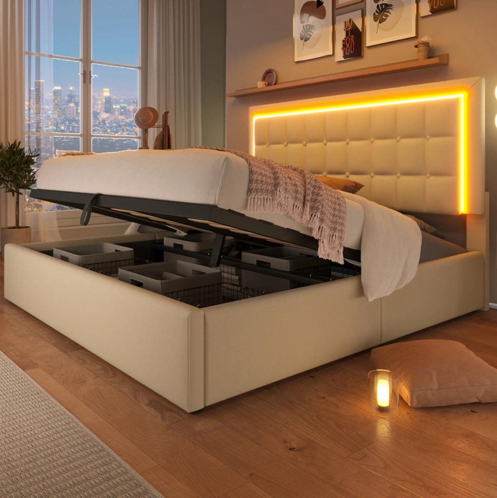 Letto matrimoniale imbottito 180x200 cm con rete a doghe, contenitore e striscia LED bianca in ecopelle senza materasso